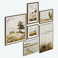 Multiple Framed Landscape Paintings Featuring Cottage Tree Grassland Fields And Seascape Views