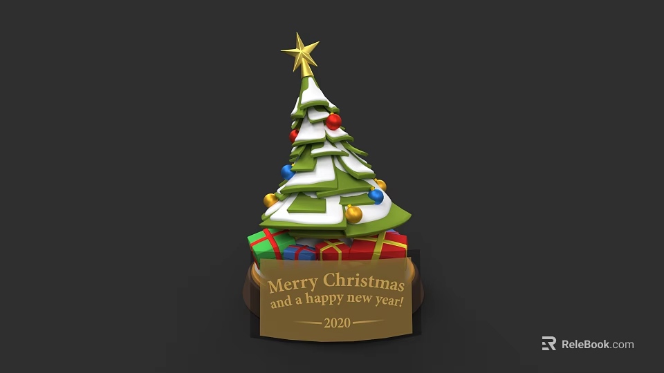 Christmas Tree Sculpture With Star Decorative Balls Gift Boxes Merry Christmas Happy New Year 2020 3d model 