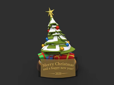 Christmas Tree Sculpture With Star Decorative Balls Gift Boxes Merry Christmas Happy New Year 2020 3d model