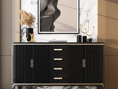 Modern Black Entryway Console Cabinet With Vertical Stripe Drawers And Marble Wall Art Decor 3d model