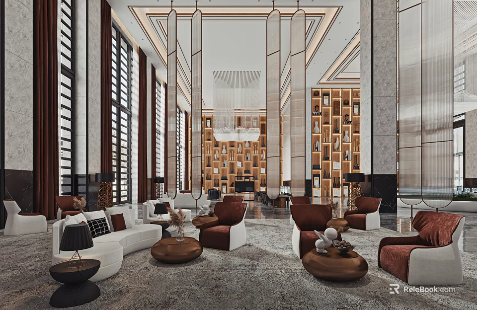 Modern Luxury Sales Office Lobby With Sofas Bookshelves Chandelier Marble And Floor to Ceiling Windows 3d model 