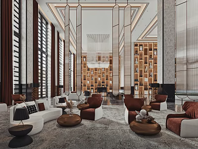 Modern Luxury Sales Office Lobby With Sofas Bookshelves Chandelier Marble And Floor to Ceiling Windows 3d model