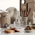 Essential Kitchen Cooking Utensils With Wooden Shelf Toaster Chopping Boards Bowls And Teapot
