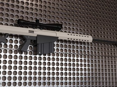 Modern Sniper Rifle With Optic Scope On Perforated Metal Wall 3d model