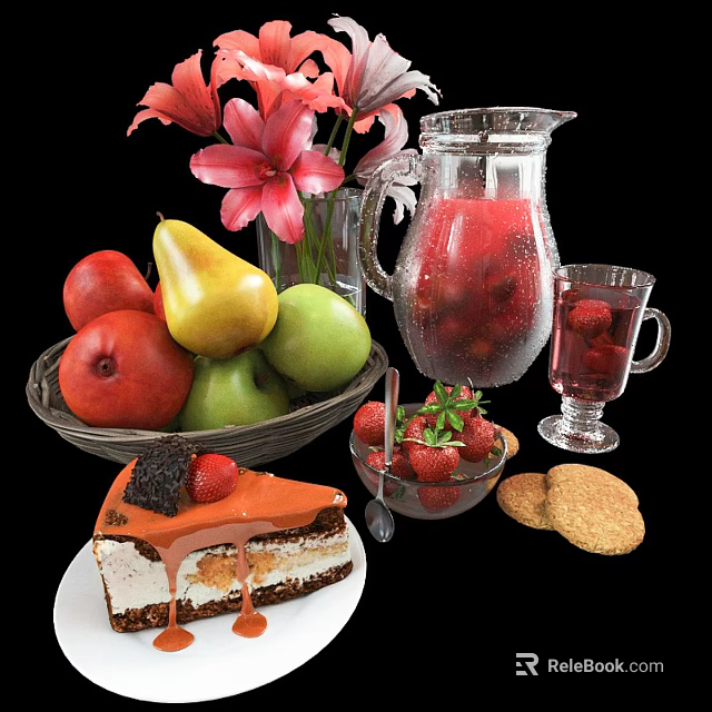 Decorative Ornament Set With Fresh Fruits Flowers Glass Pitcher Cup Cake And Cookies 3d model 