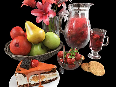Decorative Ornament Set With Fresh Fruits Flowers Glass Pitcher Cup Cake And Cookies 3d model