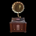 Vintage Gramophone Speaker With Wooden Cabinet Brass Horn And Black Turntable Design