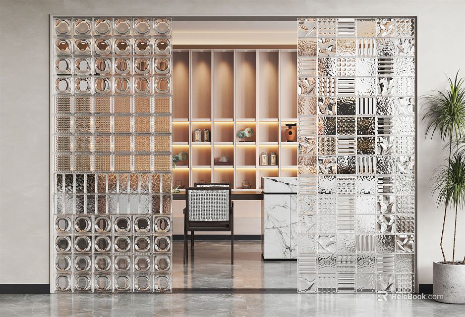 Modern Transparent Glass Room Divider With Geometric Patterns And Illuminated Background Bookshelves 3d model 