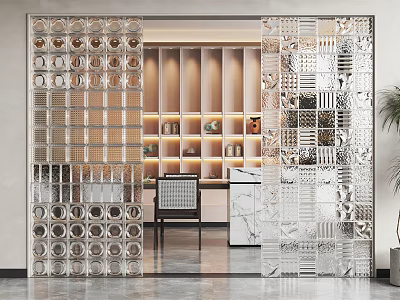Modern Transparent Glass Room Divider With Geometric Patterns And Illuminated Background Bookshelves 3d model