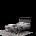 Modern Double Bed With Metal Frame Upholstered Headboard Pillows And Soft Blanket