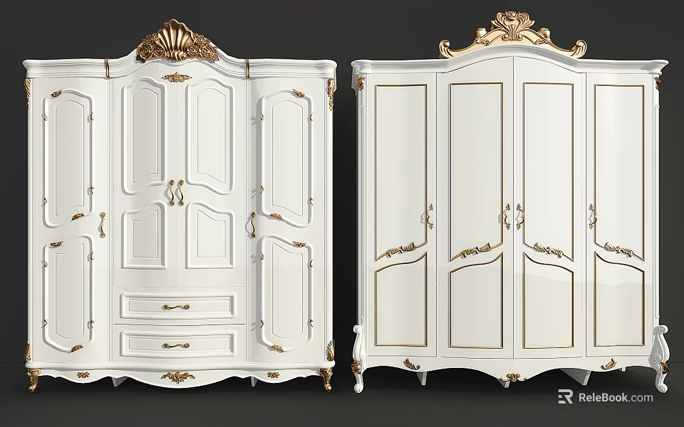 Ornate White Wardrobe With Gold Accents Carved Details Double Doors And Drawer 3d model 