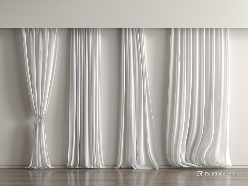 Elegant White Curtains In Interior With Soft Fabric Light Walls And Wooden Floor 3d model 