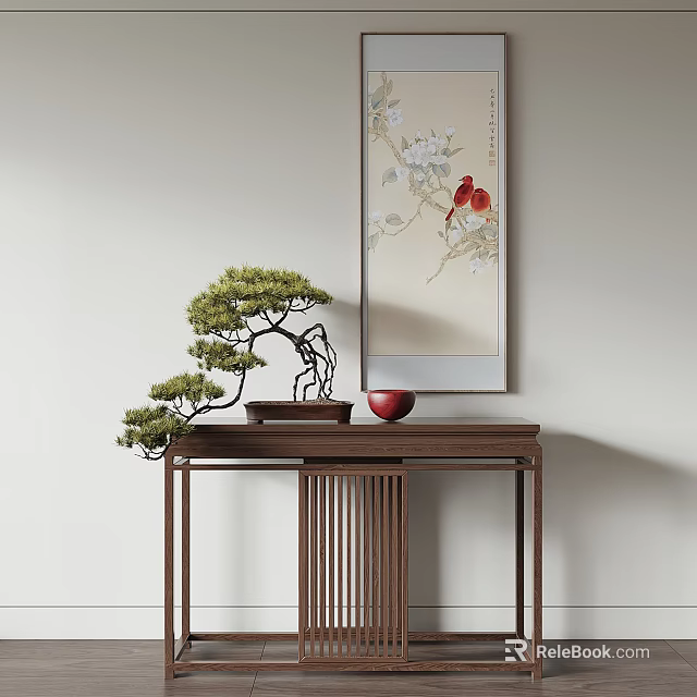Traditional Chinese Console Table With Bonsai Pine Tree Red Bowl And Hanging Painting 3d model 