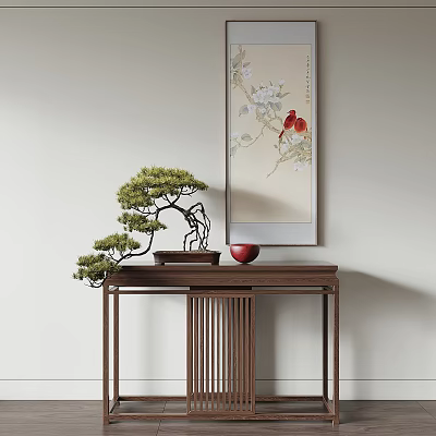 Traditional Chinese Console Table With Bonsai Pine Tree Red Bowl And Hanging Painting 3d model