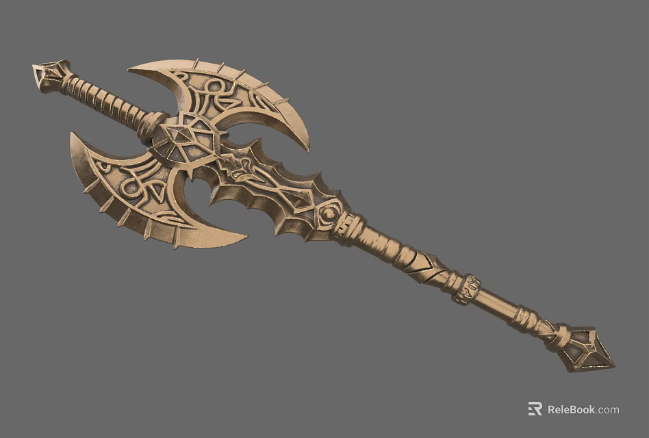 Ornate Double Bladed Axe With Golden Metal Carved Patterns And Long Handle 3d model 