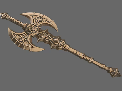 Ornate Double Bladed Axe With Golden Metal Carved Patterns And Long Handle 3d model