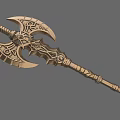 Ornate Double Bladed Axe With Golden Metal Carved Patterns And Long Handle
