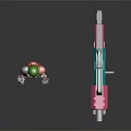 Green Pickle Character and Robot Figure with Mechanical Arms Standing on Reflective Surface