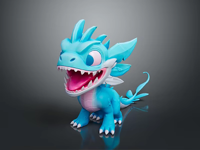 Cartoon Blue Dragon Toy Character with Open Mouth Sharp Teeth Winged Ears and White Claws 3d model