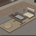 Japanese Style Tea Room Interior With Wooden Table Floor Cushion Chair And Vase