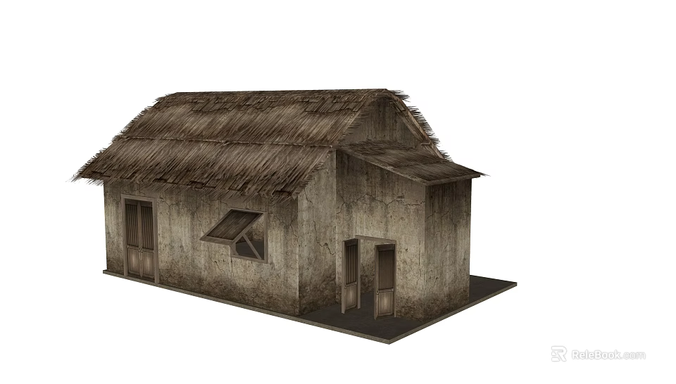 Traditional Wooden House With Thatched Roof Small Windows And Wooden Doors 3d model 