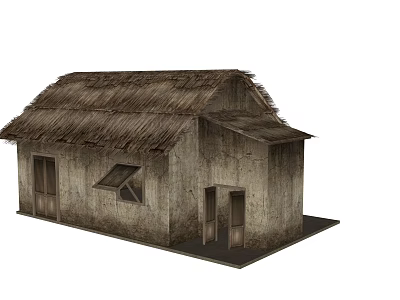 Traditional Wooden House With Thatched Roof Small Windows And Wooden Doors 3d model