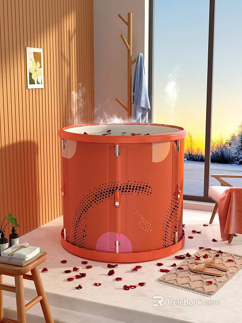 Modern Bathroom Suite With Orange Round Bathtub Steam Rose Petals And Snowy Sunset View 3d model 