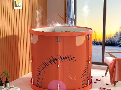 Modern Bathroom Suite With Orange Round Bathtub Steam Rose Petals And Snowy Sunset View 3d model