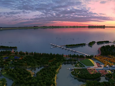 Scenic Garden Landscape at Sunset With Lake Lush Trees Boardwalk and Green Space 3d model