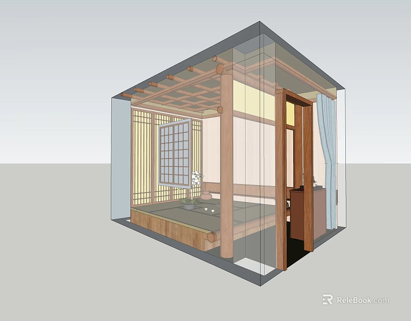 Traditional Japanese Room Interior With Tatami Mat Wooden Frame And Sliding Doors 3d model 