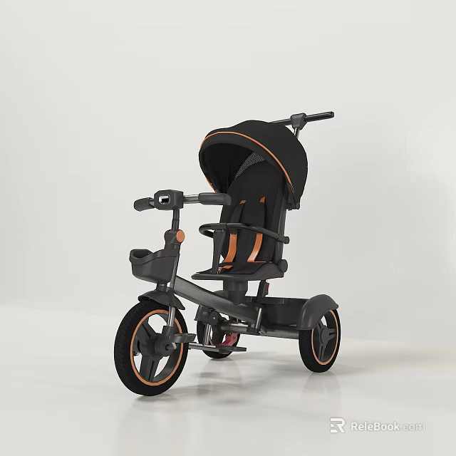 Kids Tricycle with Black and Orange Design Push Handle and Canopy 3d model 