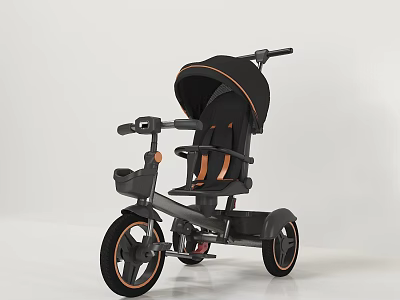 Kids Tricycle with Black and Orange Design Push Handle and Canopy 3d model
