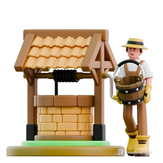 Man Carrying Wooden Bucket Near Traditional Well With Brick Wall And Tile Roof 3d model 