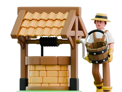 Man Carrying Wooden Bucket Near Traditional Well With Brick Wall And Tile Roof 3d model