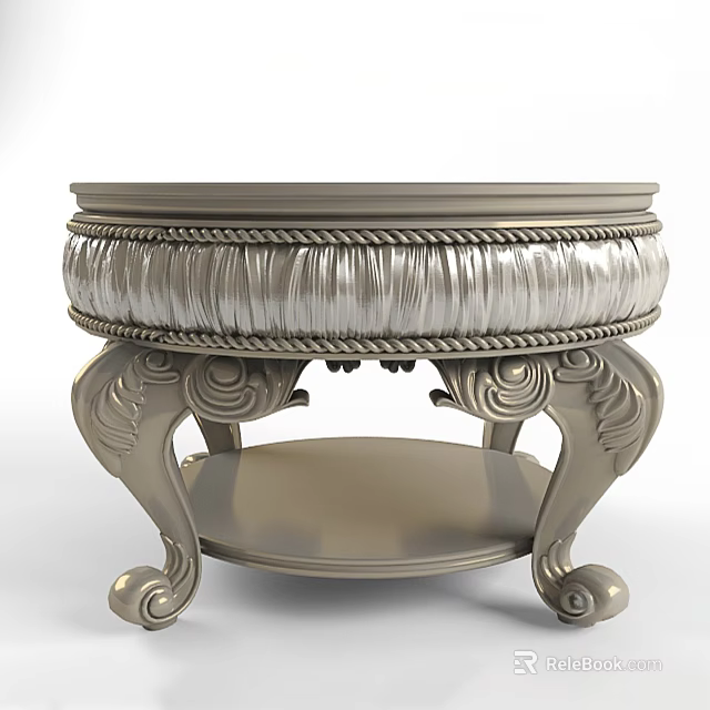 Silver Metallic Office Desk With Intricate Carved Legs And Lower Shelf Design 3d model 