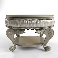 Silver Metallic Office Desk With Intricate Carved Legs And Lower Shelf Design