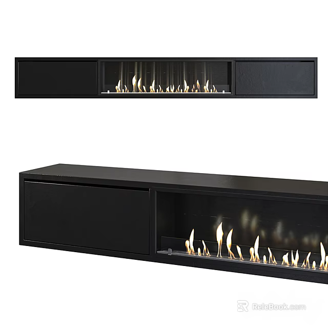 Stylish Modern Black Fireplace With Flames Wall Mounted And Floor Standing Design 3d model 
