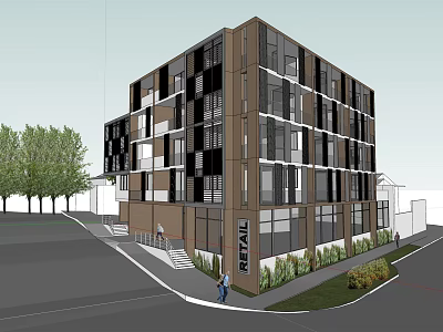 Modern Multi Storey Office Building With Glass Facade Brown Black Exterior And Landscaping 3d model