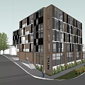 Modern Multi Storey Office Building With Glass Facade Brown Black Exterior And Landscaping