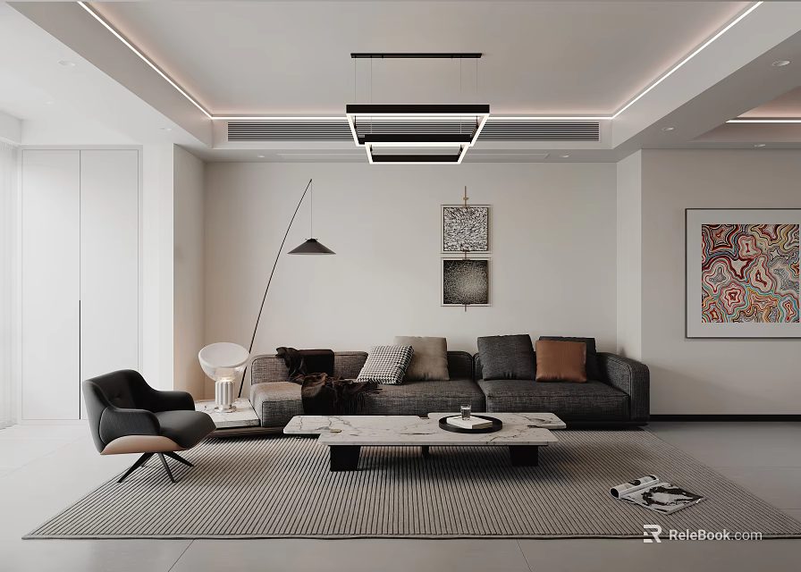 Modern Living Dining Room Interior Design with Sofa Coffee Table Floor Lamp and Wall Art 3d model 