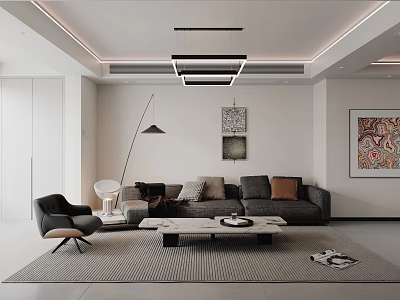 Modern Living Dining Room Interior Design with Sofa Coffee Table Floor Lamp and Wall Art 3d model