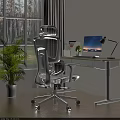Ergonomic White Mesh Office Chair in Modern Home Office Desk Setup with Laptop and Plants