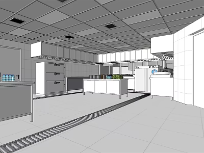 Commercial Kitchen Layout With Stainless Steel Equipment Worktables And Tiled Walls 3d model