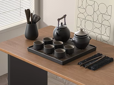 Black Tea Set on Wooden Table with Teapot Tea Cups Tray and Chopsticks Utensil Holder 3d model