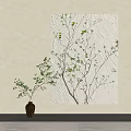 Botanical Painting Featuring Branches Green Leaves on Textured Light Wall and Brown Vase Holding Sprigs