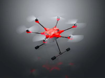 Red Hexacopter Drone With Six Propellers And Black Landing Gear 3d model