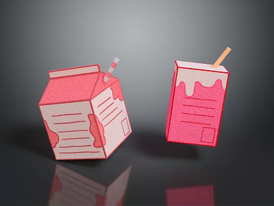Red Milk Carton And Drink Cup With Straws And Spilled Liquid Marks As Daily Supplies 3d model