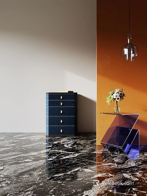 Modern Navy Blue Chest of Drawers with Gold Handles on Marble Floor and Flower Vase 3d model 