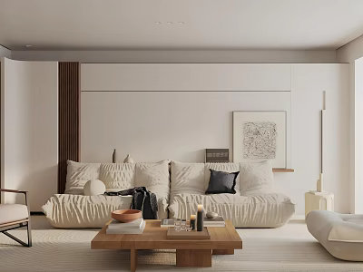 Modern Minimalist Living Room With Beige Sofa Multiple Cushions Wooden Coffee Table And Floor Lamp 3d model