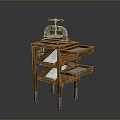 Vintage Wooden Apparatus With Multi Layer Shelves And Metal Top Device